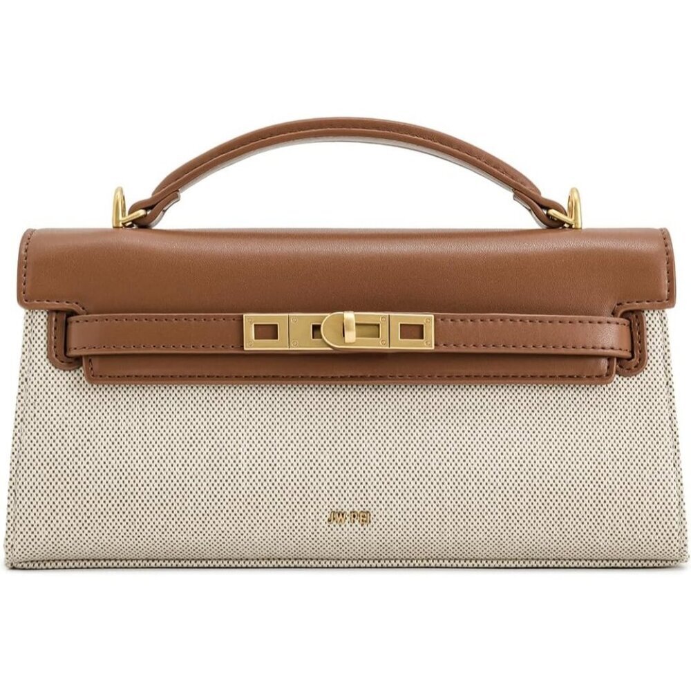 Women's Brown Canvas Leather Noor Top Handle Bag Twist Lock Crossbody Bag